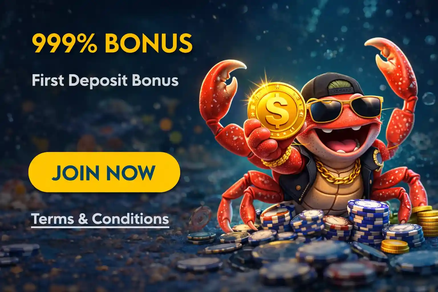 Crab mascot holding gold coin promoting first deposit bonus at Yabby Casino