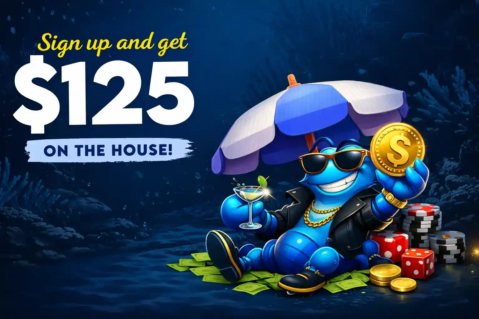 Yabby Casino underwater banner offering sign up bonus with cool mascot and gold coins