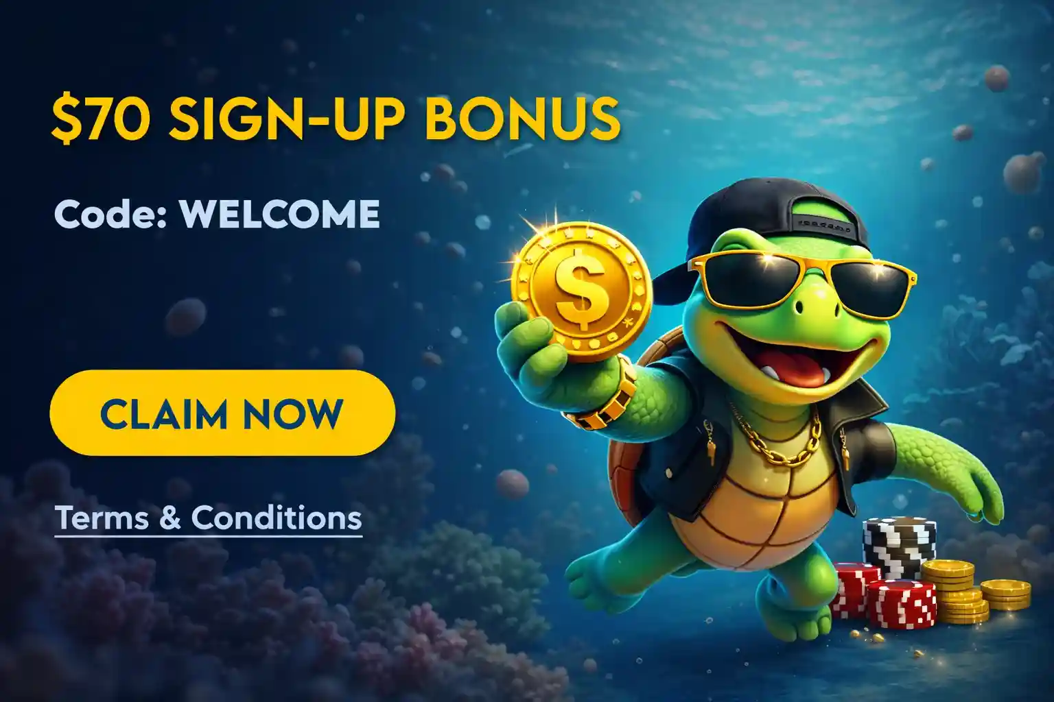 Turtle mascot holding gold coin promoting Yabby Casino welcome bonus underwater