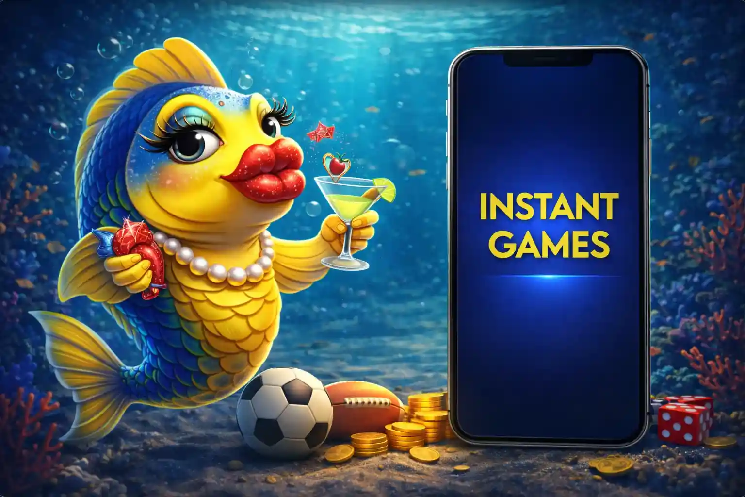 Glamorous fish with red lips promoting instant games on smartphone screen