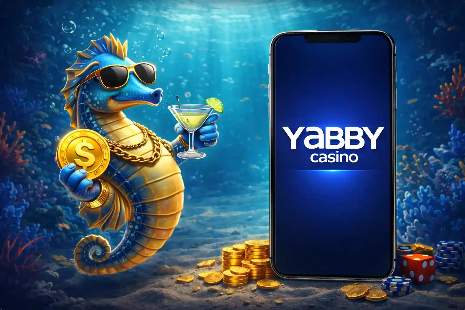 Seahorse mascot presenting Yabby Casino mobile app on smartphone underwater