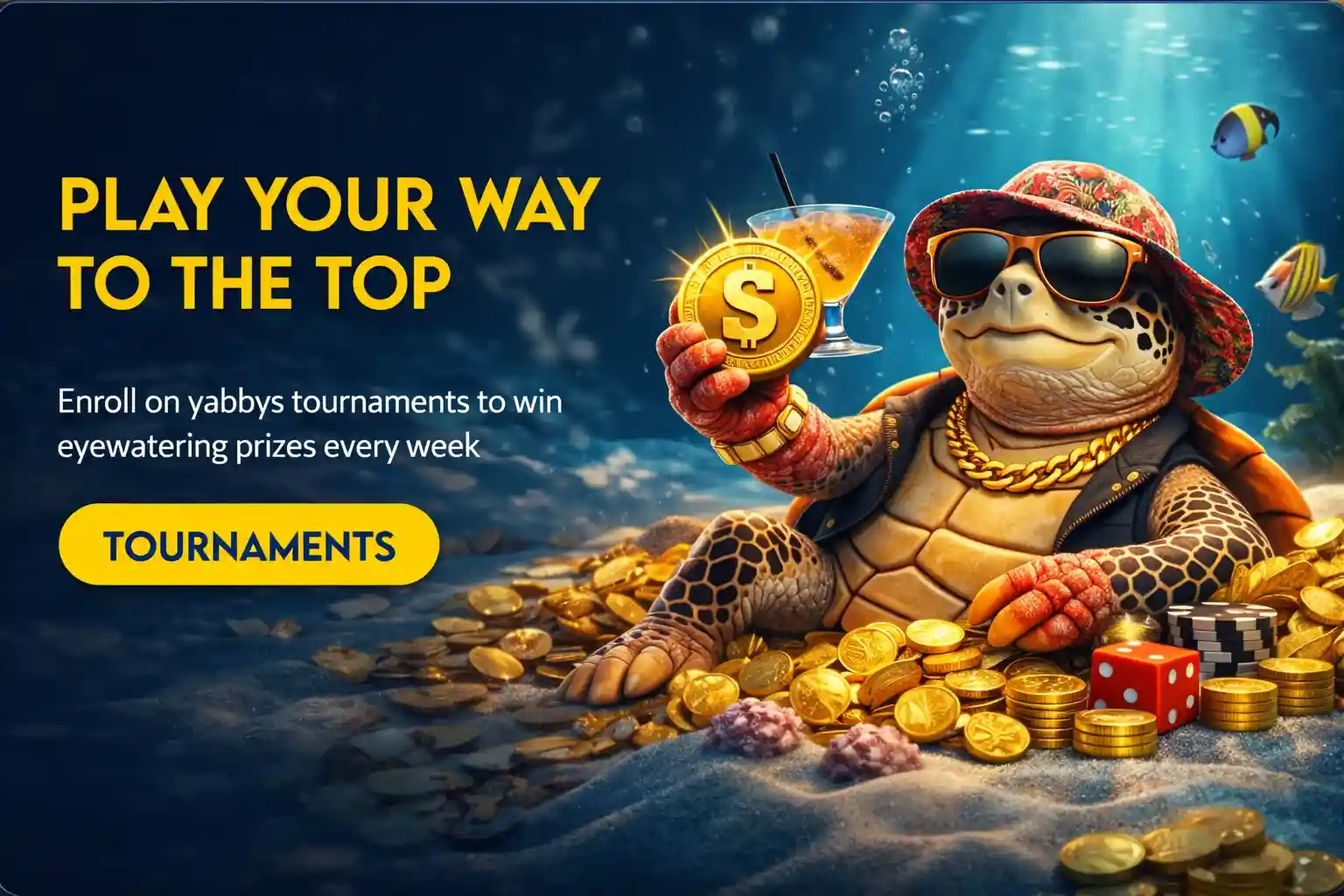 Stylish turtle with gold coins promoting Yabby Casino tournaments underwater