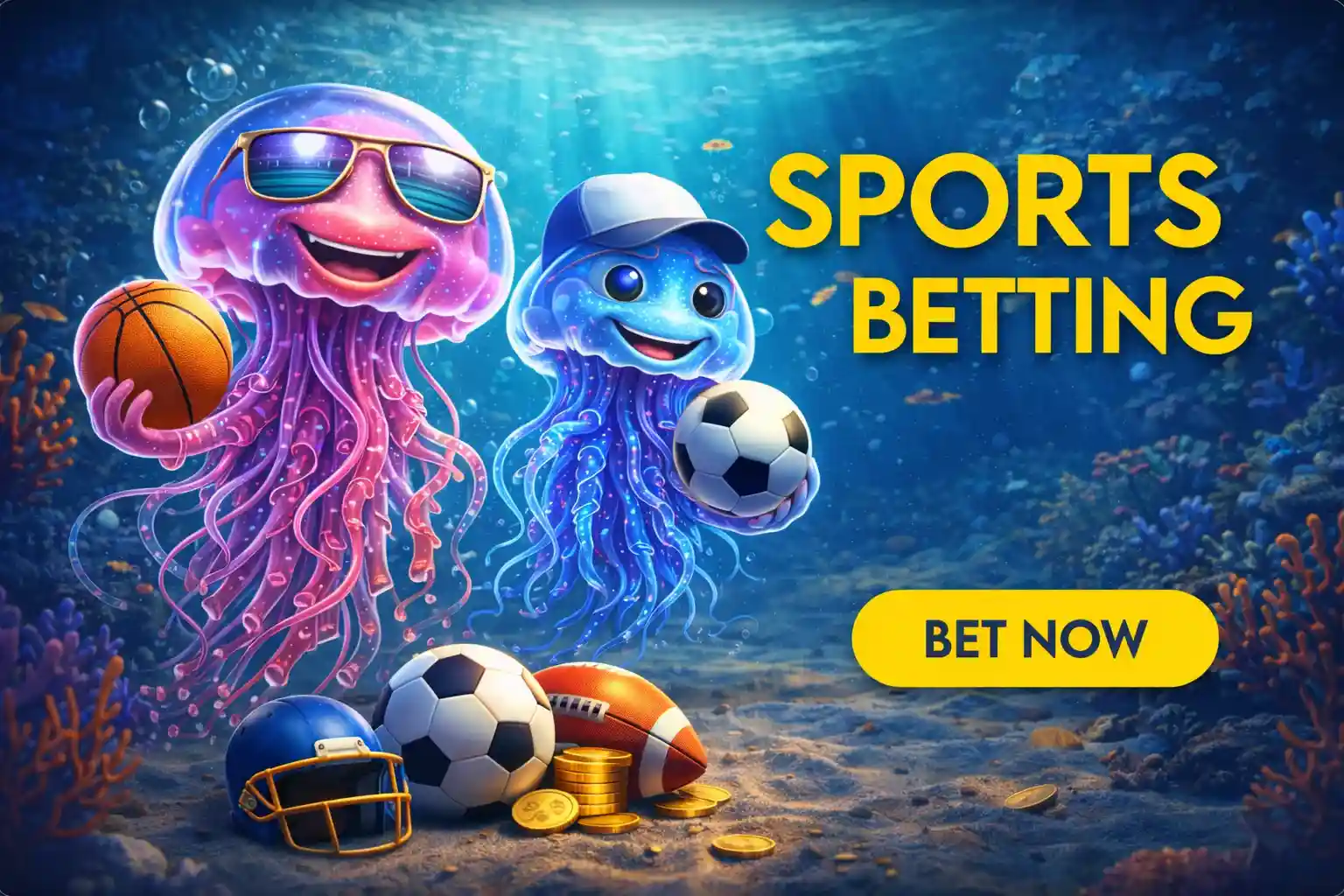 Jellyfish characters promoting sports betting with balls and coins underwater